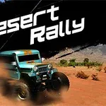 Un vehicul off-road albastru, ridicând praf pe un drum de deșert, cu textul Desert Rally în fundal