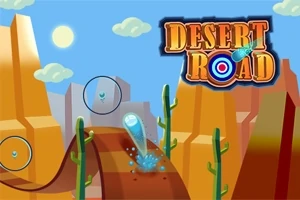 Ilustrație cu un peisaj desertic stilizat, având un drum sinuos printre cactuși și stânci înalte, cu un soare strălucitor pe cer și obiecte circulare pe drum