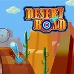 Ilustrație cu un peisaj desertic stilizat, având un drum sinuos printre cactuși și stânci înalte, cu un soare strălucitor pe cer și obiecte circulare pe drum