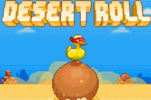 Rață purtând bandană stând pe o sferă maro în peisaj desertic pixelat, cu textul „DESERT ROLL” deasupra