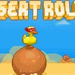 Rață purtând bandană stând pe o sferă maro în peisaj desertic pixelat, cu textul „DESERT ROLL” deasupra