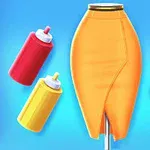 Fustă portocalie pe un manechin, înconjurată de cinci spray-uri colorate în roșu, roz, violet și galben, pe un fundal albastru