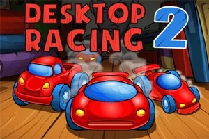 Automobile de jucărie roșii cu roți mari pe o suprafață de lemn, cu titlul Desktop Racing 2 deasupra