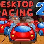 Automobile de jucărie roșii cu roți mari pe o suprafață de lemn, cu titlul Desktop Racing 2 deasupra