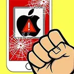 Un pumn strâns lovind un telefon cu ecranul spart, afișând un simbol de avertizare roșu cu sigla Apple