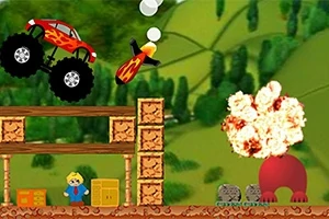 Mașină monstru roșie cu flăcări, rachetă în aer, explozie și personaje mici într-un peisaj verde cu structuri din lemn și cutii
