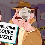 Detectiv în palton bej și pălărie maro ținând o lupă și o pancartă albă cu un desen al feței sale