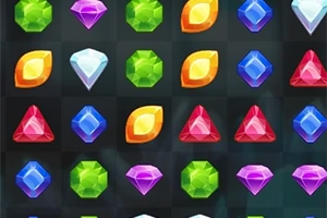 Joc de puzzle cu pietre prețioase colorate, inclusiv diamante, triunghiuri roșii, hexagoane verzi și forme albastru închis, aranjate pe o grilă
