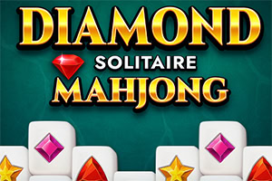 Textul Diamond Solitaire Mahjong pe un fundal verde, cu plăci albe simbolizând diamante și stele colorate