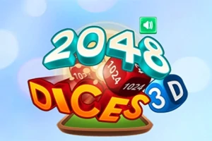 Text 3D vibrant 2048 Dices pe un fundal albastru cu zaruri numerotate și un simbol de sunet