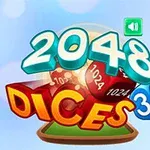 Text 3D vibrant 2048 Dices pe un fundal albastru cu zaruri numerotate și un simbol de sunet