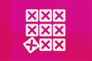 Grilă 3x3 cu simboluri X albe pe fundal roz, având un simbol X deplasat în afara cadrului