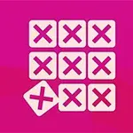Grilă 3x3 cu simboluri X albe pe fundal roz, având un simbol X deplasat în afara cadrului