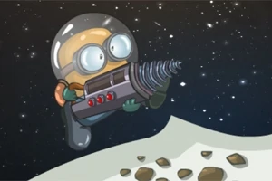 Personaj animat în spațiu purtând un costum de astronaut cu o cască mare, ținând un dispozitiv futurist cu burghiu pe o suprafață stâncoasă