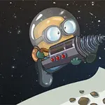 Personaj animat în spațiu purtând un costum de astronaut cu o cască mare, ținând un dispozitiv futurist cu burghiu pe o suprafață stâncoasă