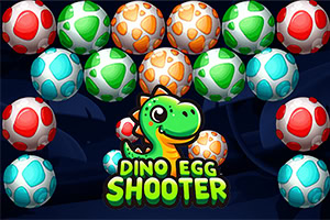 Ouă colorate cu modele circulare și un dinozaur verde zâmbitor în centru, cu textul Dino Egg Shooter dedesubt