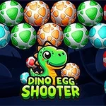 Ouă colorate cu modele circulare și un dinozaur verde zâmbitor în centru, cu textul Dino Egg Shooter dedesubt