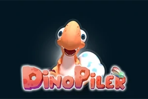 Un dinozaur portocaliu zâmbitor lângă un ou alb cu pete albastre, cu textul „DinoPiler” dedesubt