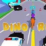Personaj călare pe un dinozaur alergând pe o șosea cu mașini de poliție și conuri de trafic