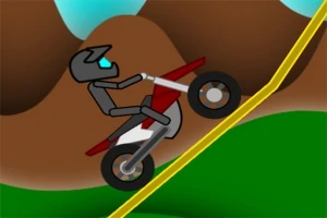 Un personaj stilizat conduce o motocicletă pe o pantă abruptă, pe un fundal cu munți și cer albastru