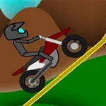 Un personaj stilizat conduce o motocicletă pe o pantă abruptă, pe un fundal cu munți și cer albastru