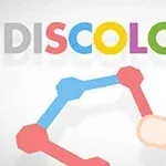 Textul DISCOLORS în culori diferite și o mână care ține o formă hexagonală cu noduri colorate