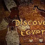 Două figuri în stil egiptean, cu textul Discover Egypt în prim-plan
