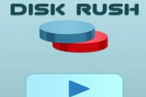 Discuri suprapuse albastru și roșu cu textul DISK RUSH deasupra și un buton de redare dedesubt