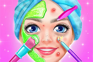 Fată cu ochi albaștri și prosop albastru pe cap, având un tratament facial, cu pensule și pensete colorate aplicate pe față