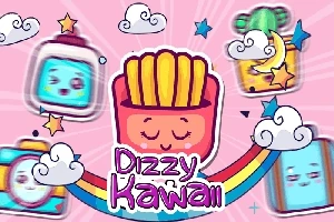 Cartofi prăjiți animați și alte obiecte cu expresii kawaii pe un fundal roz, înconjurate de nori, curcubeu și stele
