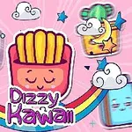 Cartofi prăjiți animați și alte obiecte cu expresii kawaii pe un fundal roz, înconjurate de nori, curcubeu și stele
