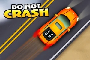 Mașină sport portocalie pe o șosea cu dungi galbene și textul Do Not Crash