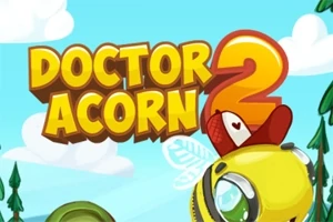 Imaginea prezintă un fundal albastru cu nori albi, un titlu colorat Doctor Acorn 2 în partea de sus și o albină zâmbitoare, purtând o pălărie roșie cu o inimă, în partea dreaptă jos