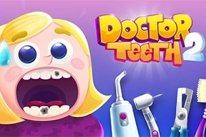 Imaginea prezintă un desen animat cu o fetiță blondă cu gura deschisă, care are carii, însoțită de unelte stomatologice