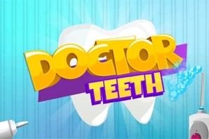 Grafica cu un dinte alb mare, text Doctor Teeth în culori galbene și mov, pe un fundal albastru deschis cu dungi verticale, însoțită de ilustrații de ustensile dentare