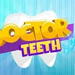 Grafica cu un dinte alb mare, text Doctor Teeth în culori galbene și mov, pe un fundal albastru deschis cu dungi verticale, însoțită de ilustrații de ustensile dentare