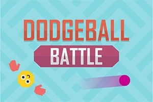 Textul DODGEBALL BATTLE pe un fundal albastru deschis cu un emoji galben și o minge mov