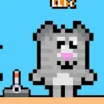 Personaj pixelat al unui câine gri și un bărbat cu mustață lângă o manetă, pe fundal albastru