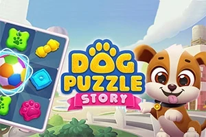Un cățel animat drăguț lângă o grilă de puzzle colorată și titlul Dog Puzzle Story