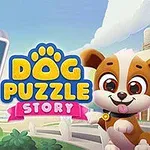 Un cățel animat drăguț lângă o grilă de puzzle colorată și titlul Dog Puzzle Story