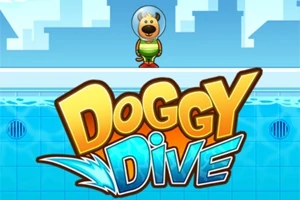 Un câine animat cu cască de scafandru și costum de scufundări stă pe marginea unei piscine, iar textul „Doggy Dive” apare în prim-plan