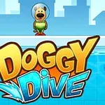 Un câine animat cu cască de scafandru și costum de scufundări stă pe marginea unei piscine, iar textul „Doggy Dive” apare în prim-plan