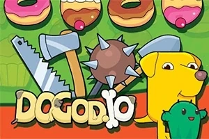Un câine galben și un cactus verde animate, alături de un ferăstrău, topor și o bilă cu țepi, pe un fundal de gogoși colorate