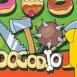 Un câine galben și un cactus verde animate, alături de un ferăstrău, topor și o bilă cu țepi, pe un fundal de gogoși colorate