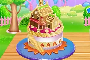 Tort decorat cu o casă din turtă dulce așezat pe o masă din lemn, într-un peisaj de grădină colorat