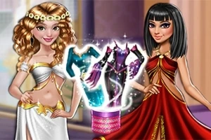 Două femei în ținute antice elaborate, una cu păr creț și coroană aurie, cealaltă cu păr negru și rochie roșie, prezentând trei ținute strălucitoare