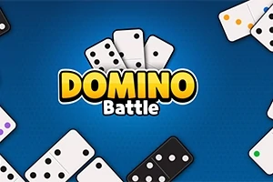 Piese de domino albe și negre dispuse pe un fundal albastru cu text colorat în centru