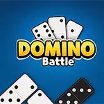 Piese de domino albe și negre dispuse pe un fundal albastru cu text colorat în centru