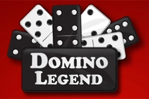 Piese de domino albe și negre aranjate în formă de evantai pe un fundal roșu, cu textul DOMINO LEGEND în partea de jos