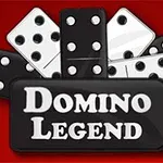 Piese de domino albe și negre aranjate în formă de evantai pe un fundal roșu, cu textul DOMINO LEGEND în partea de jos